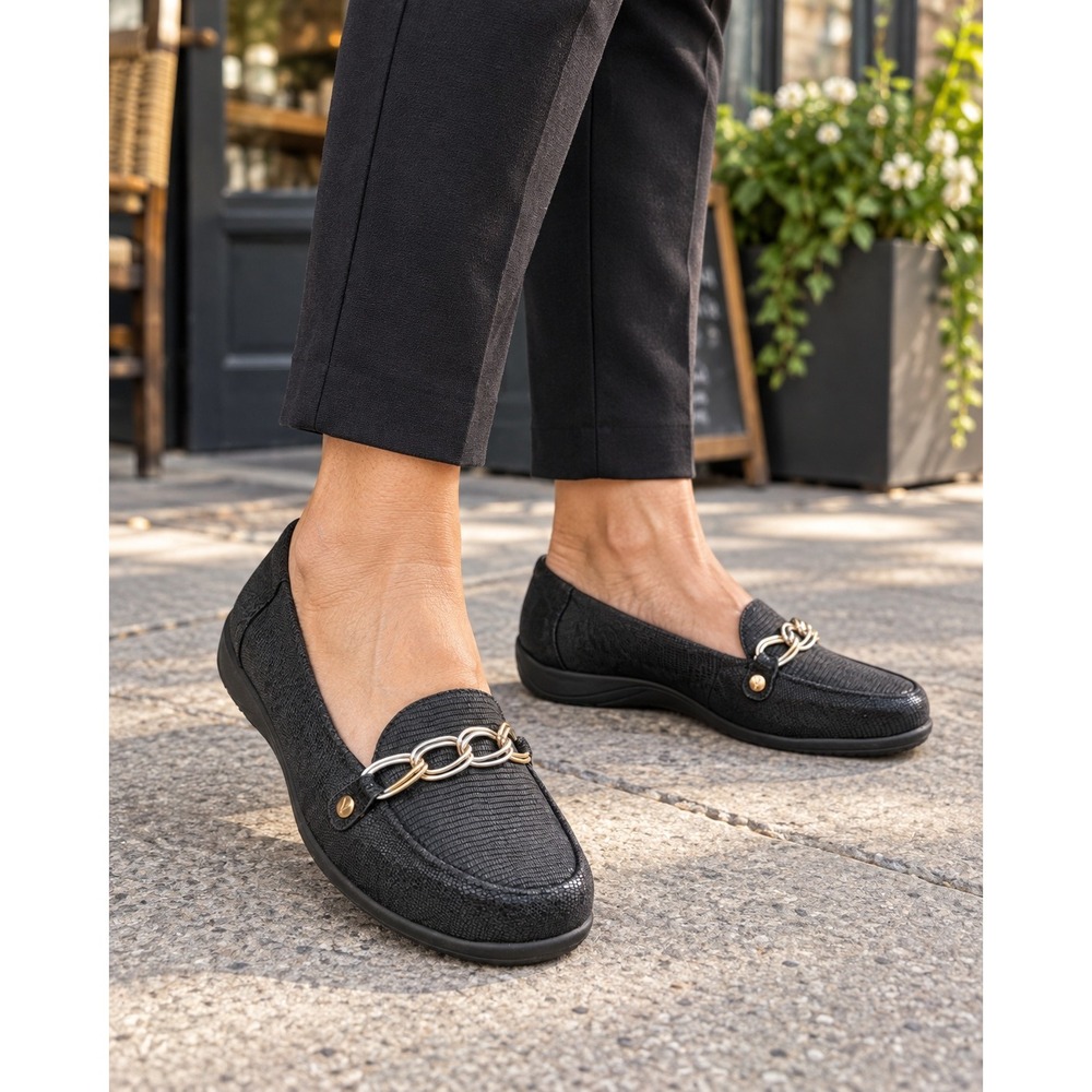 Vionic Alda Black Embossed Chain Loafers Orthaheel Comfort Flats 10